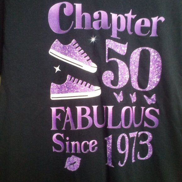 "50" Shirt Small "Chapter 50 Fabulous Since 1973" Black Purple - Picture 5 of 11
